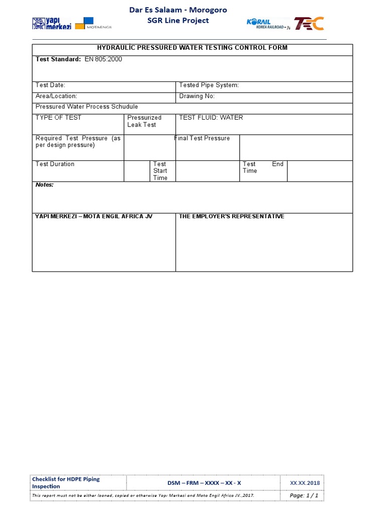 HDPE Pipe Testing Control Form | PDF