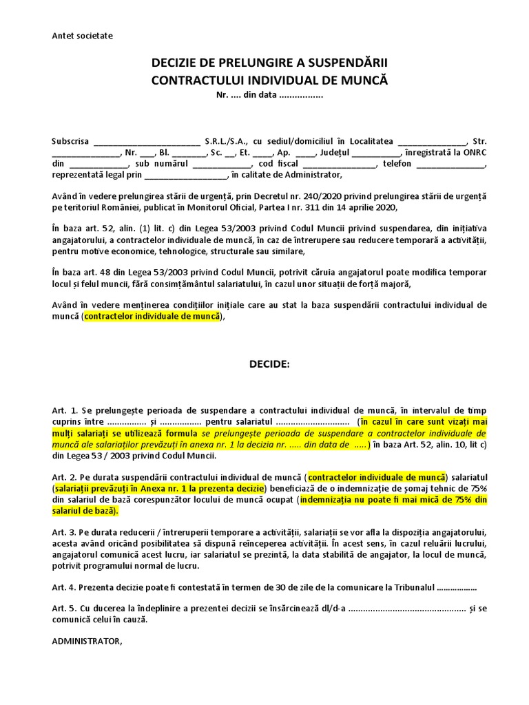 Model Decizie Prelungire Suspendare Contract