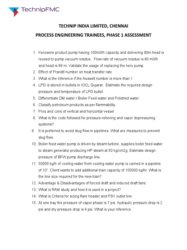 Process Engineering Trainee Assessment | PDF | Technology & Engineering