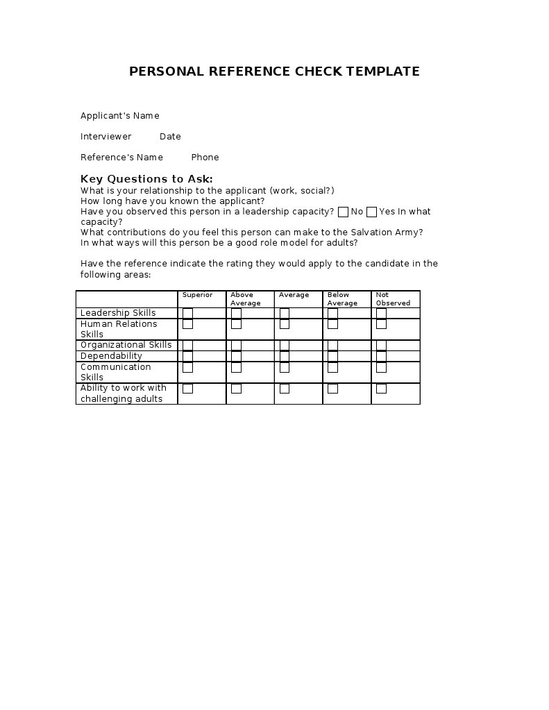 Blank Personal Reference Check Template PDF