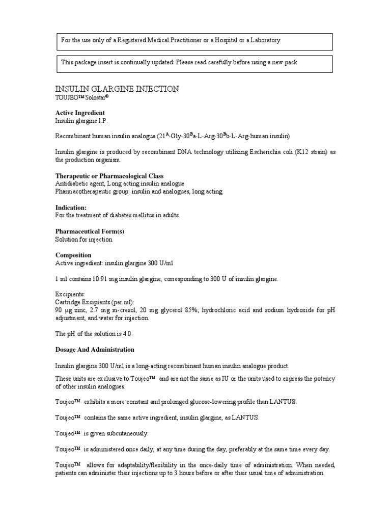 Insulin Glargine Injection Active Ingredient PDF Hypoglycemia