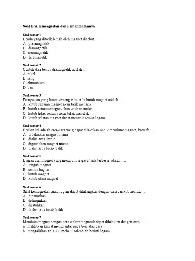 Soal Ipa Kemagnetan Dan Pemanfaatannya | Pdf