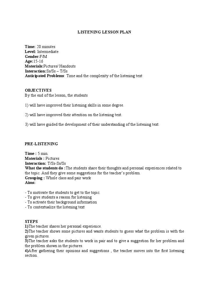 Listening Lesson Plan Lesson Plan Teachers Free 30day Trial Scribd