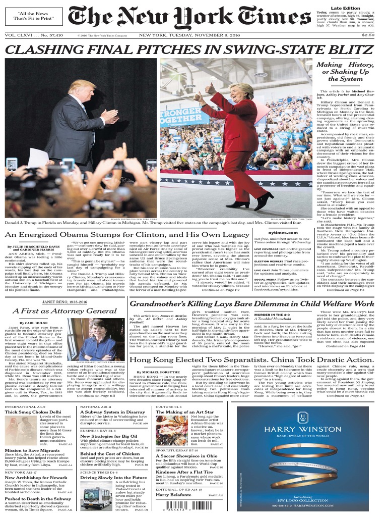 The New York Times 2016-11-08 | PDF | Hillary Clinton | American Government