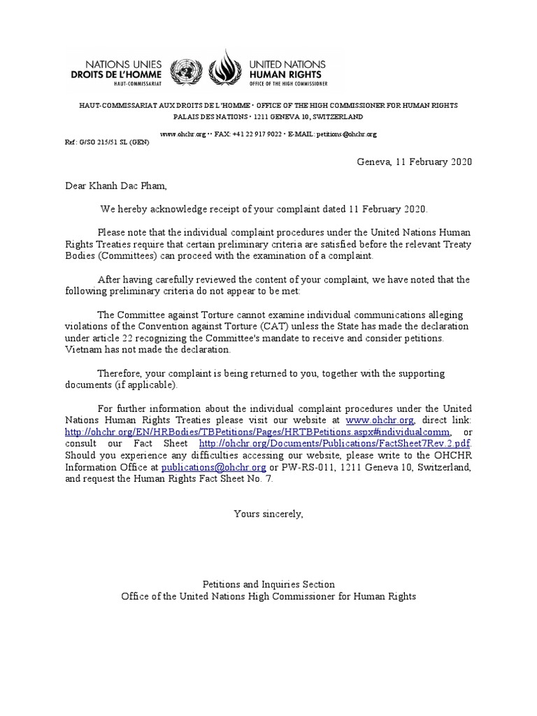 The Reply Letter of Office of The United Nations High Commissioner For ...