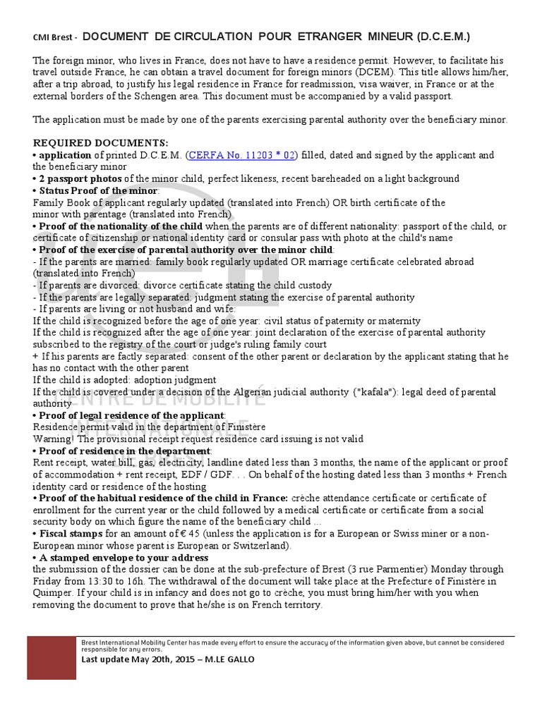 Document de Circulation Pour Etranger Mineur (D.C.E.M.) : Required ...