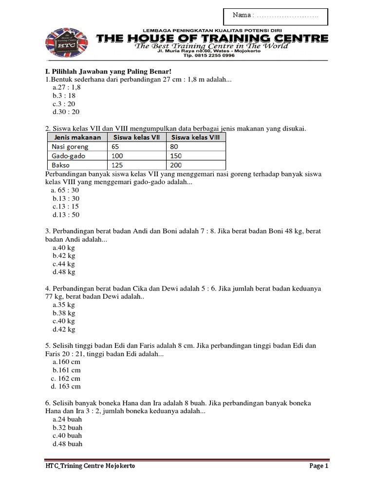 Soal Perbandingan Pts Kelas 7