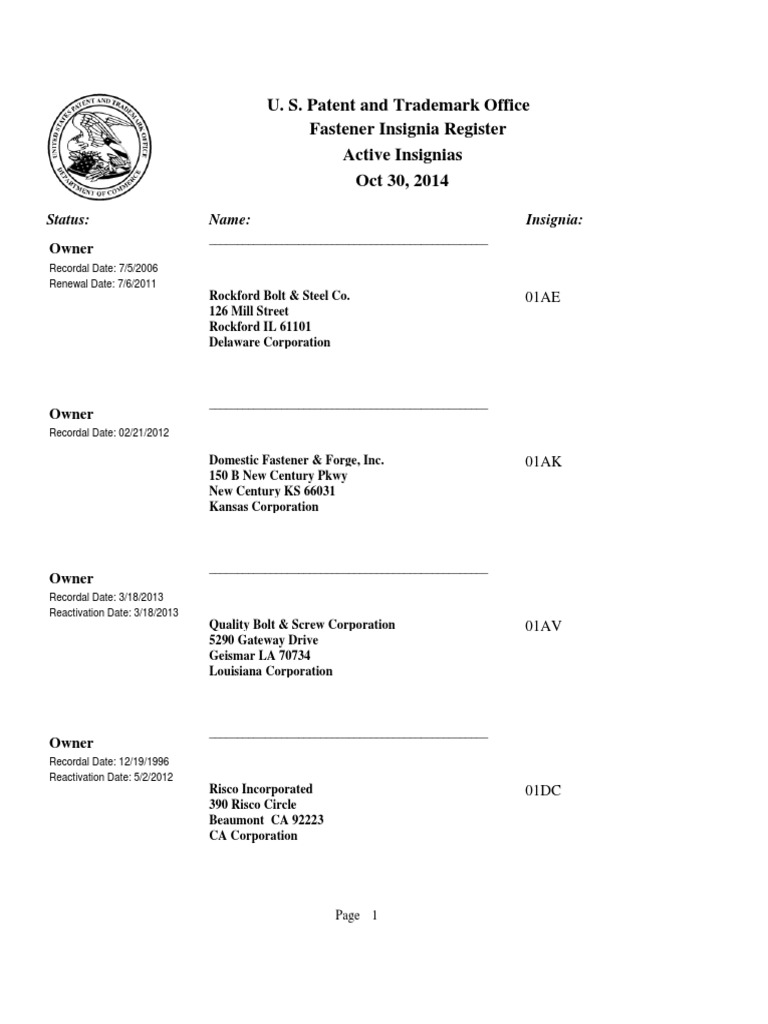 Fastener Insignia Register Overview | PDF | Screw | Metals