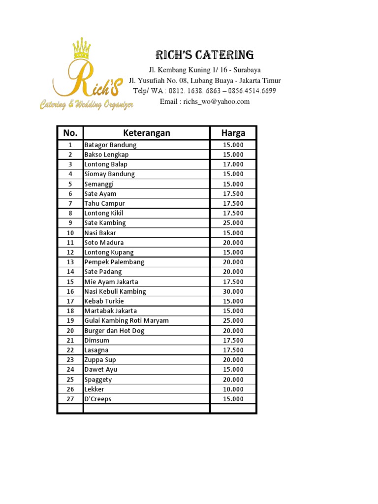 Rich's Catering Menu & Prices | PDF | Cooking, Food & Wine