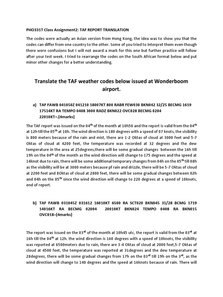 TAF Weather Code Translation Guide | PDF | Physical Phenomena | Clouds ...