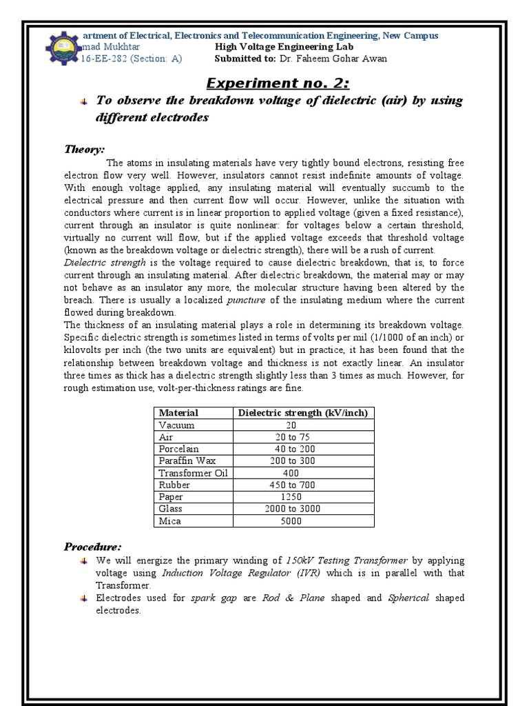 Experiment No. 2: To Observe The Breakdown Voltage of Dielectric (Air ...