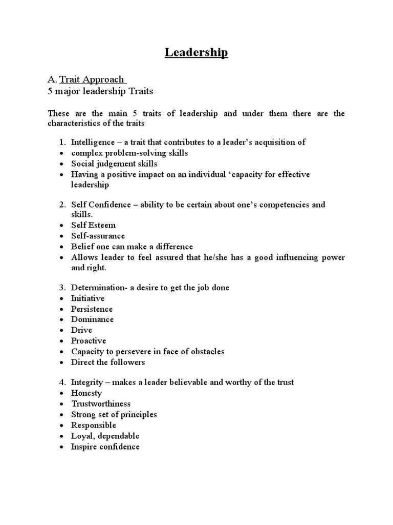 Leadership: A. Trait Approach 5 Major Leadership Traits | PDF ...