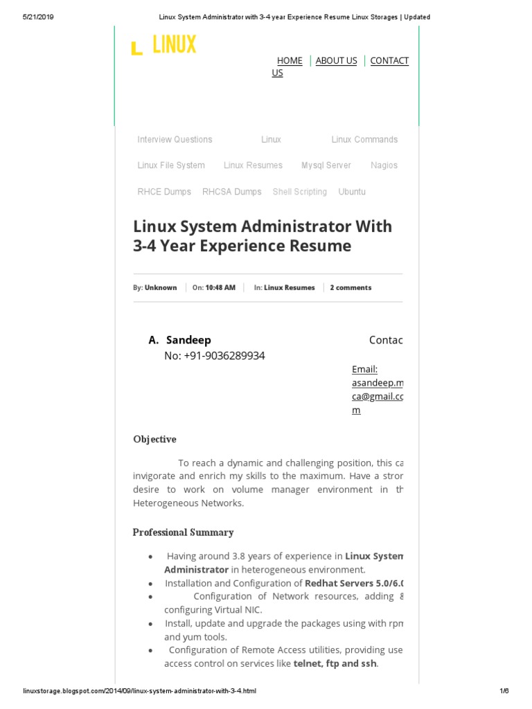 Linux System Administrator With 3-4 Year Experience Resume Linux ...