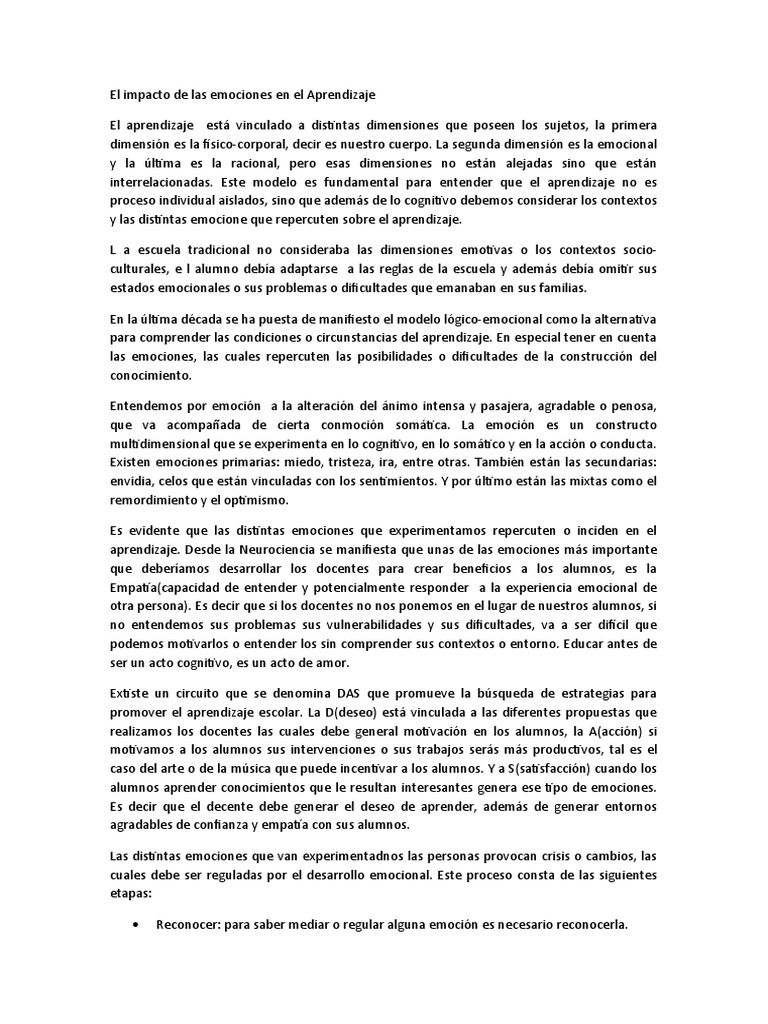 Emociones y su impacto en el aprendizaje | PDF | Las emociones ...