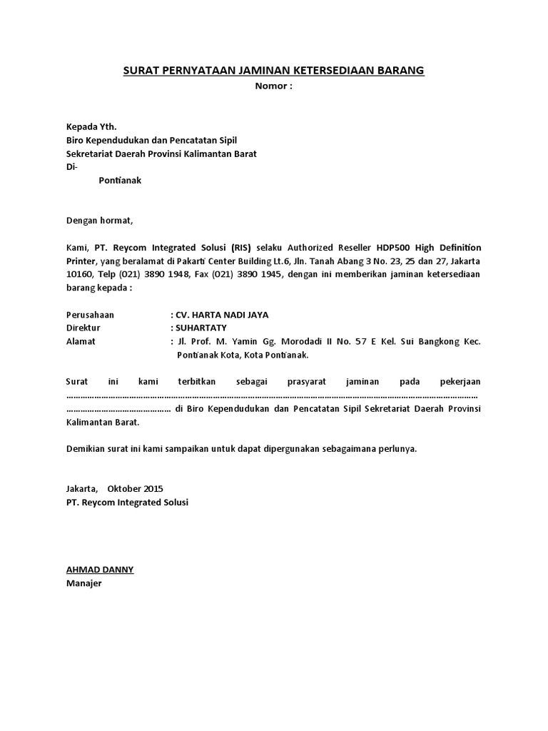 Surat Pernyataan Jaminan Ketersediaan Barang