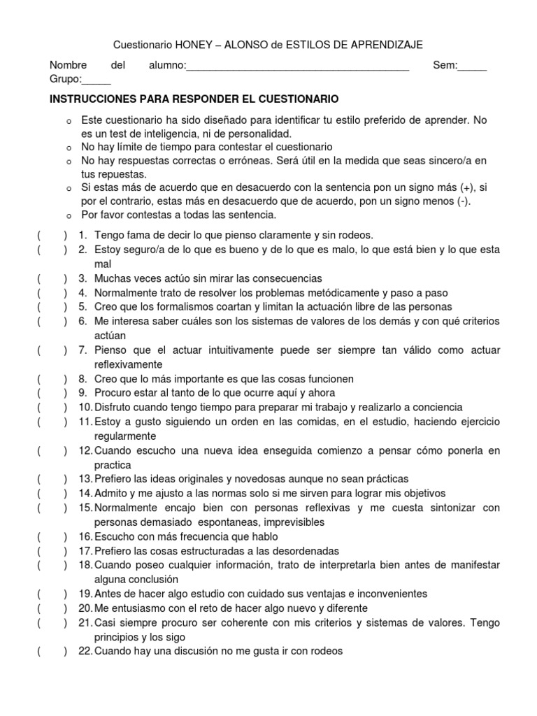 Cuestionario de Estilos de Aprendizaje HONEY | PDF | Cuestionario | Science