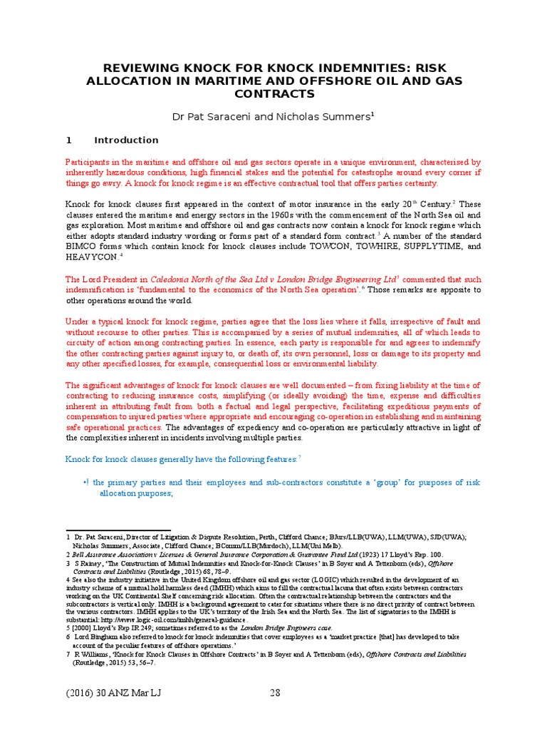 Knock For Knock Indemnity PDF Indemnity Deepwater Horizon