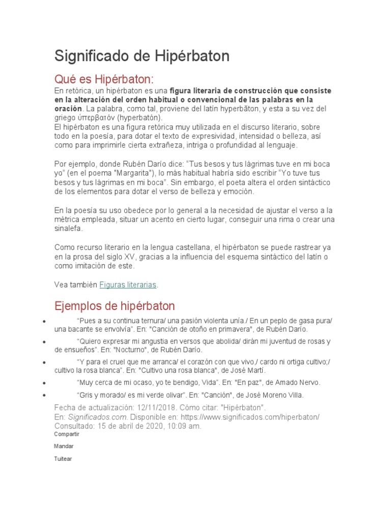 Definición y Ejemplos de Hipérbaton | PDF | Poesía | Lingüística