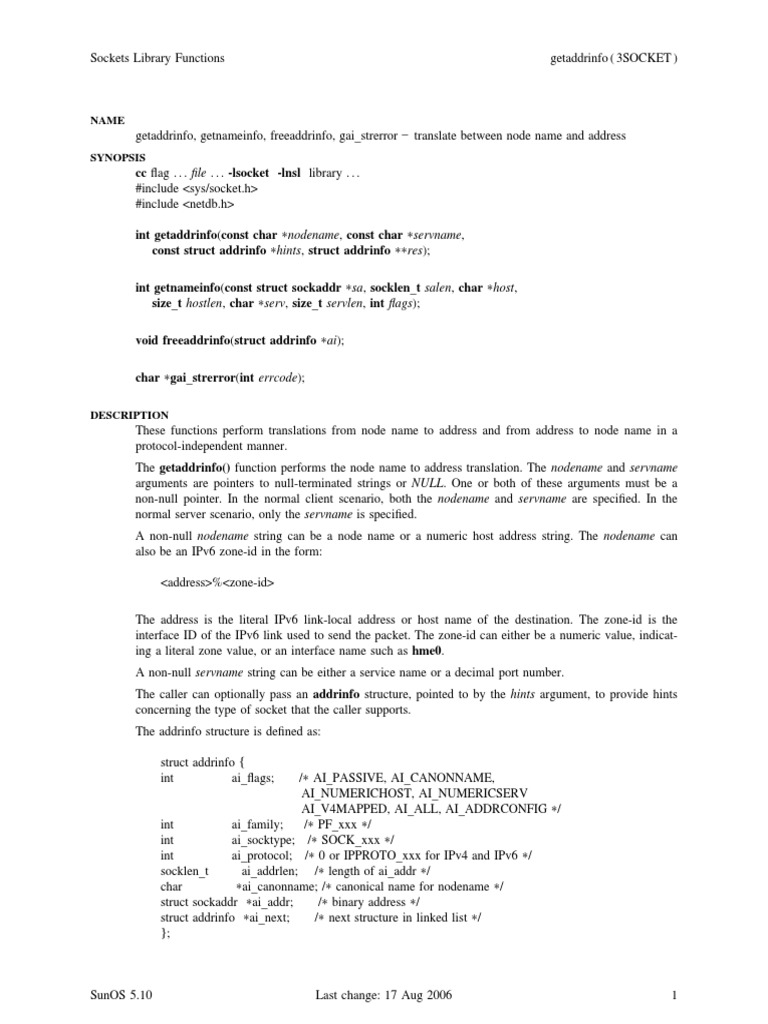 Nodename, Const Char Servname, Hints, Struct Addrinfo Res) | PDF | I ...