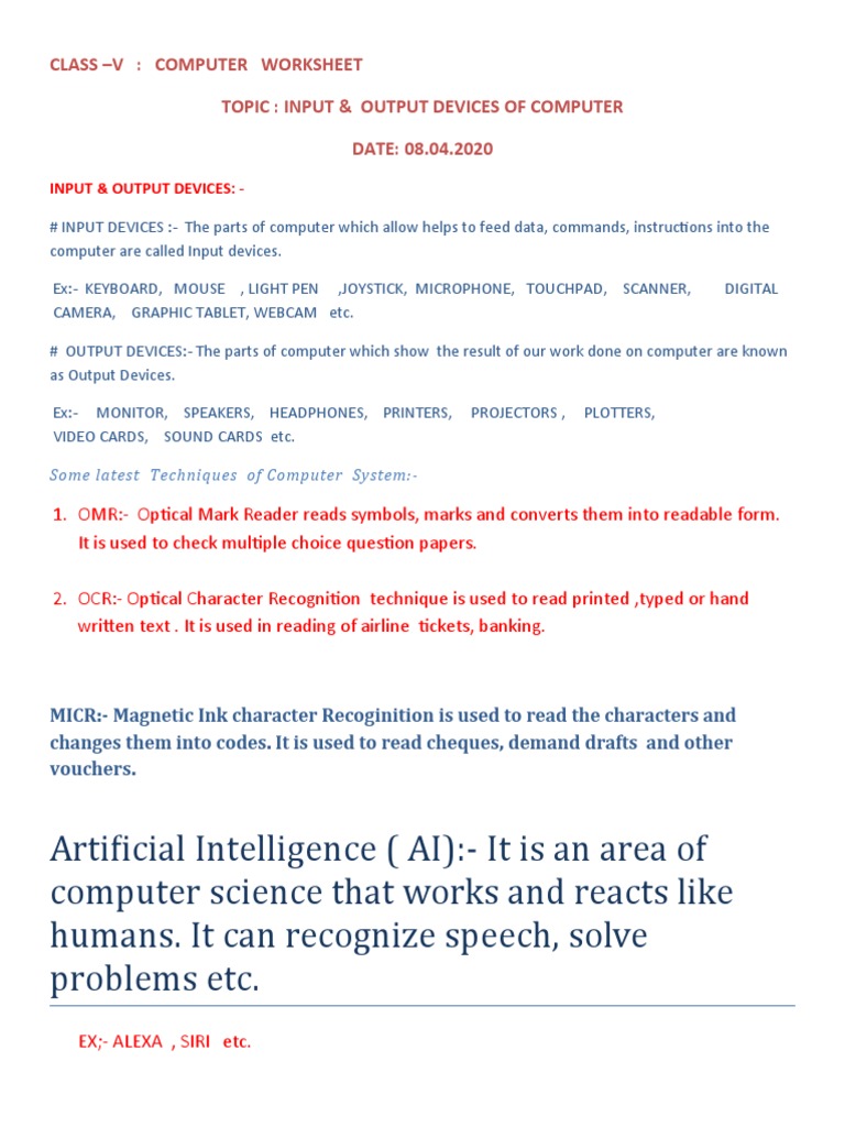 Class V Computer Worksheet | PDF | Printer (Computing) | Optical ...