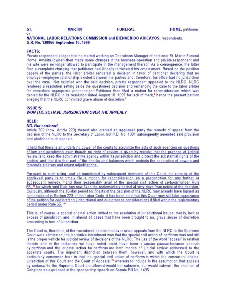 St. Martin Funeral Homes V NLRC 2 Download Free PDF Certiorari