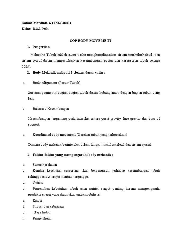 SOP Body Movement dan Mekanika Tubuh | PDF | Pengembangan Diri ...