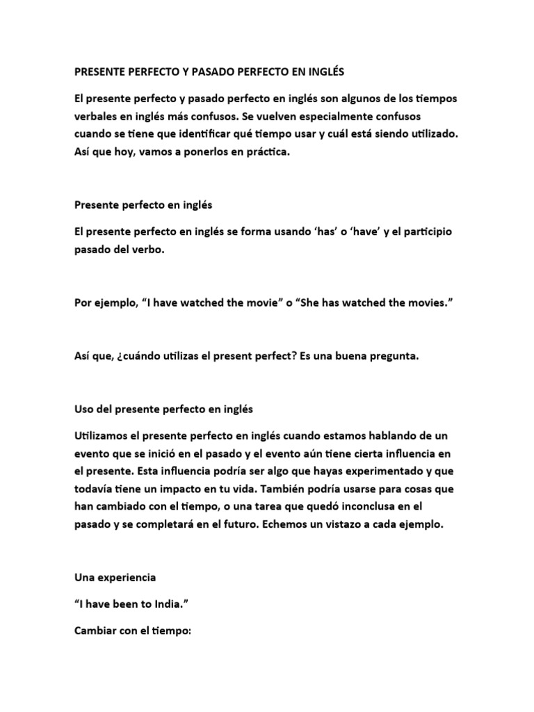 Presente Perfecto y Pasado Perfecto en Inglés | PDF | Idioma en Inglés ...