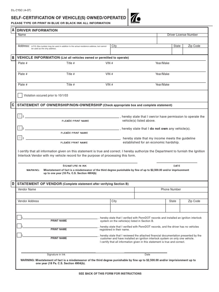 Dl21sc Self Certification for Ignition Interlock Drunk Driving In