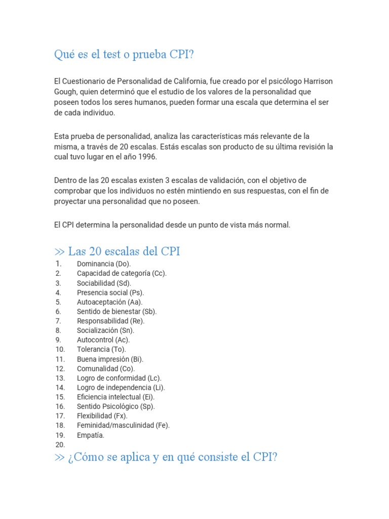 Qué Es El Test o Prueba CPI | PDF | Trastorno mental | Ciencias del ...