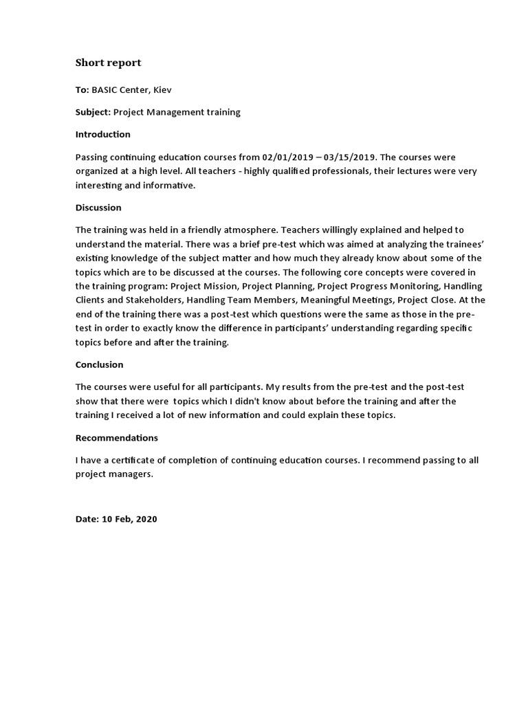 Short Report: To: BASIC Center, Kiev Subject: Project Management ...