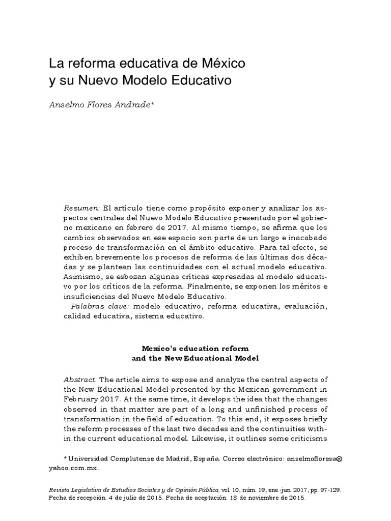 La Reforma Educativa de México y Su Nuevo Modelo Educativo Anselmo Flores Andrade PDF