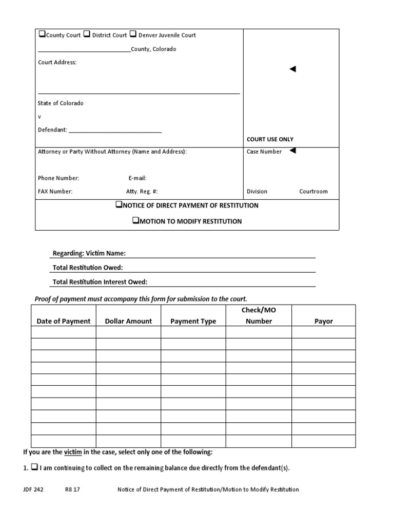JDF 242 Notice of Direct Payment of RestitutionMotion To Modify