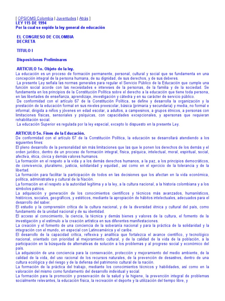 Ley 115 de 1994: Educación en Colombia | PDF | Educación Secundaria ...