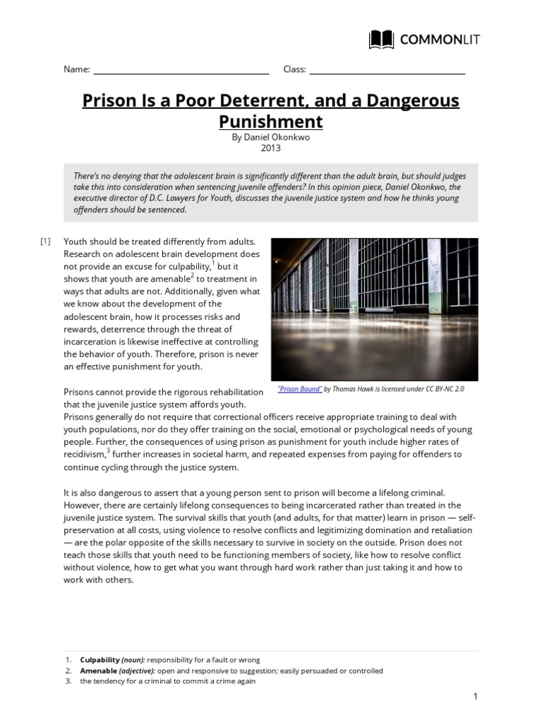 Commonlit Prison Is A Poor Deterrent and A Dangerous Punishment | PDF ...