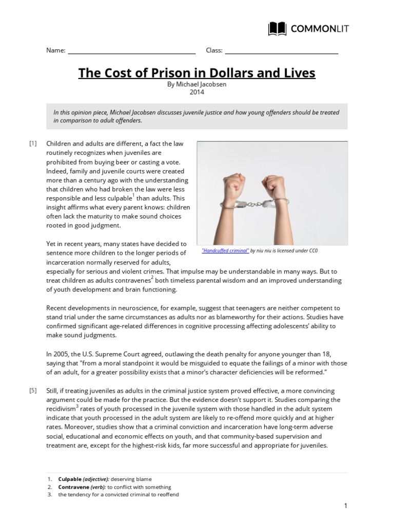 Commonlit The Cost of Prison in Dollars and Lives | PDF | Juvenile  Delinquency | Recidivism