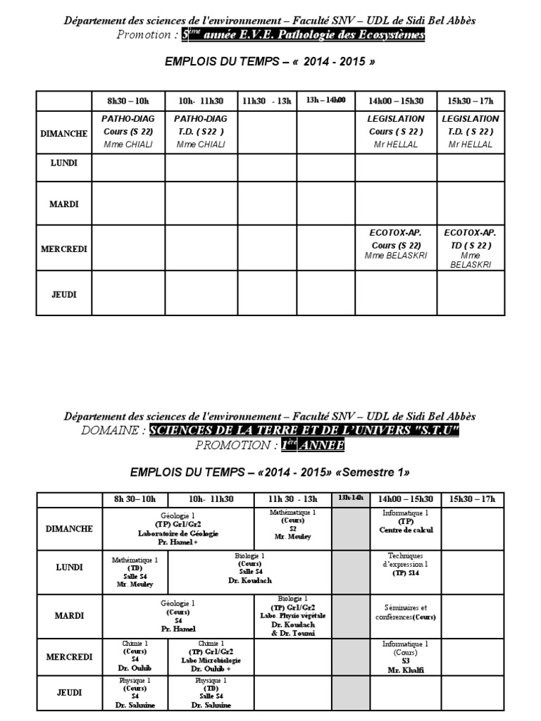 Emplois du temps Licence SNV 2014-2015 | PDF | Sciences physiques ...