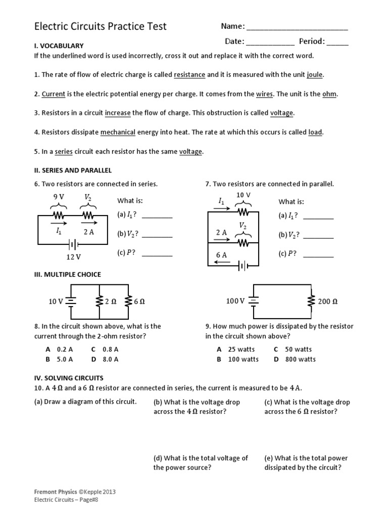 8 Electric Circuits Practice Test PDF PDF Resistor Voltage