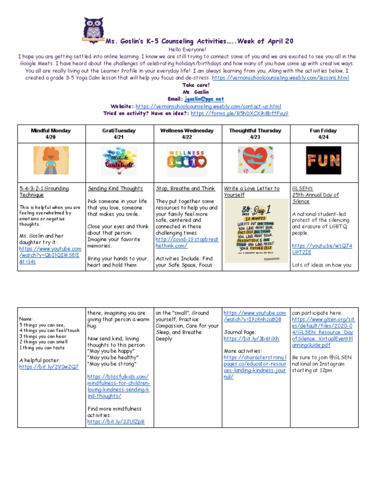 K 5 Weekly Counseling Activities April