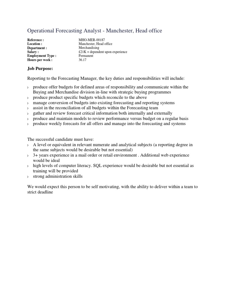 Operational Forecasting Analyst Role in Manchester | PDF