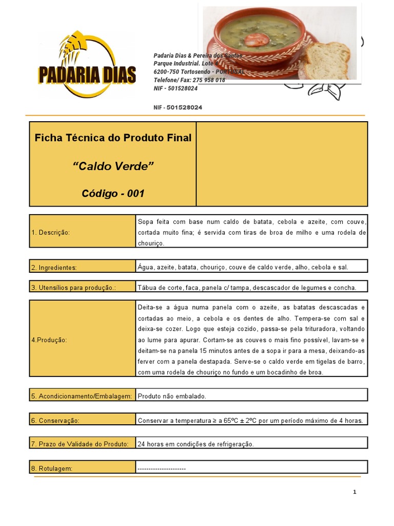 Ficha Técnica Caldo Verde | PDF | Caldo | Culinária