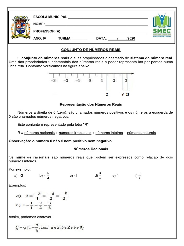APOSTILA Matemática 9° ANO 01 | PDF | Números | Número real
