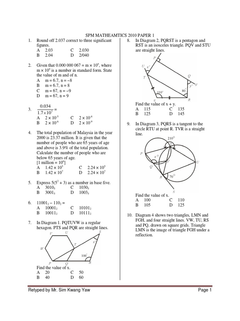 SPM Mathematics 2010 Paper 1 Solutions | PDF | Triangle | Mathematical ...
