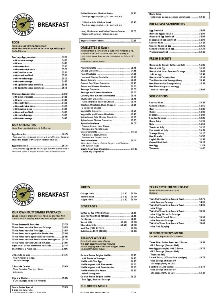Sam's Place Breakfast Menu Pancake North American Cuisine