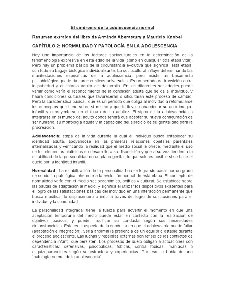El síndrome de la adolescencia normal Aberastury y Knobel