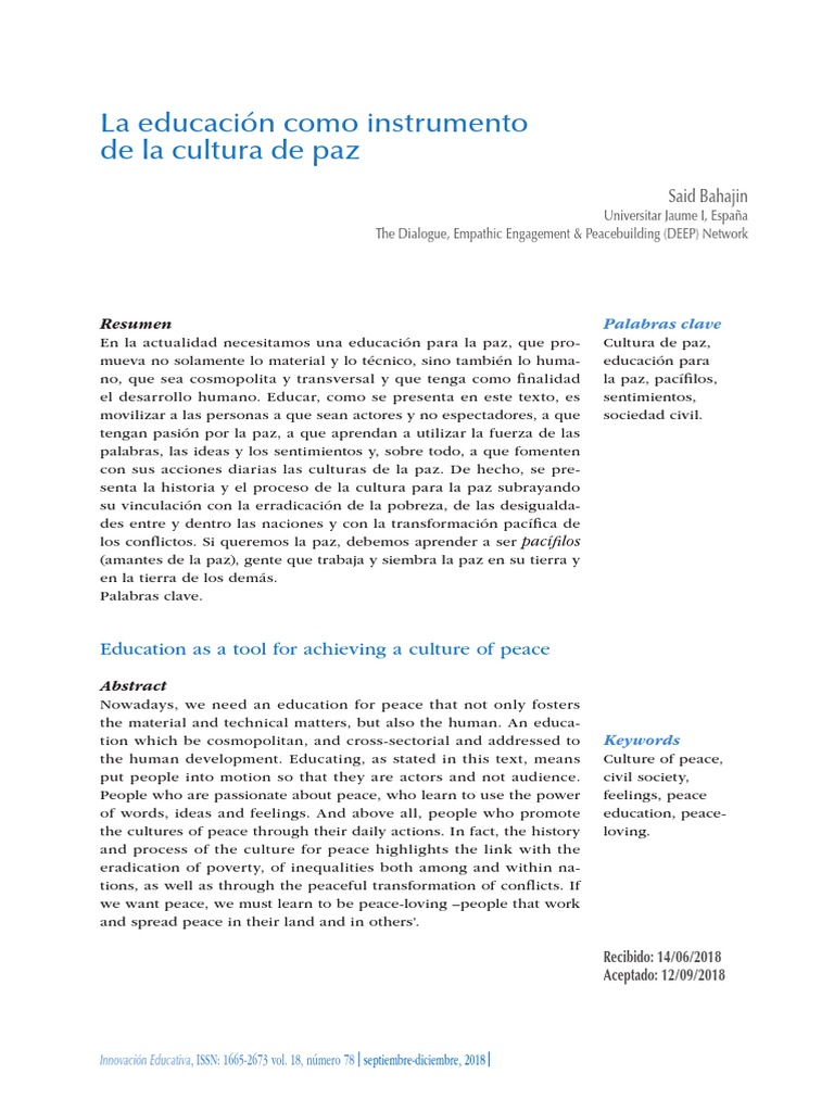 La Educacion Como Instrumento de La Cultura de Paz PDF | PDF | Paz ...