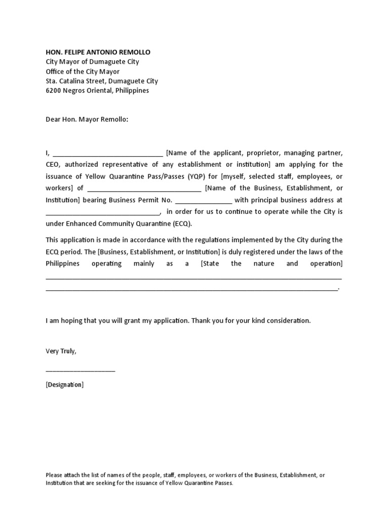 Yellow Quarantine Pass Application Template | PDF