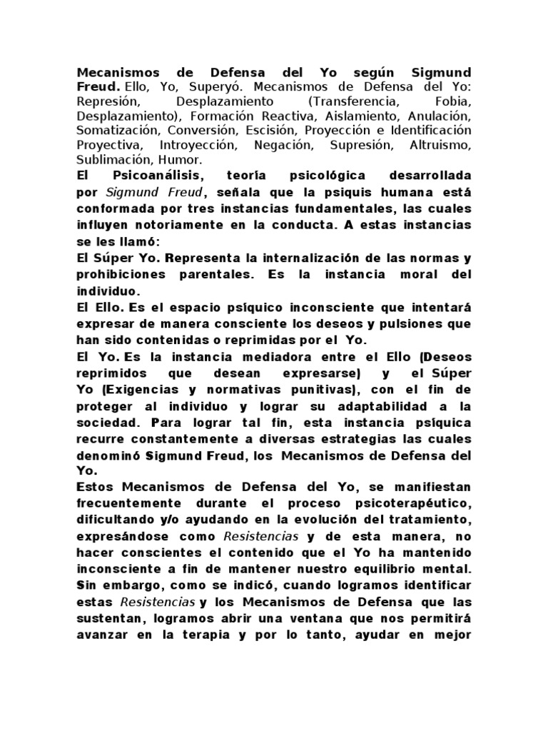 Mecanismos de Defensa del Yo | PDF | Mecanismos de defensa | Carné de ...