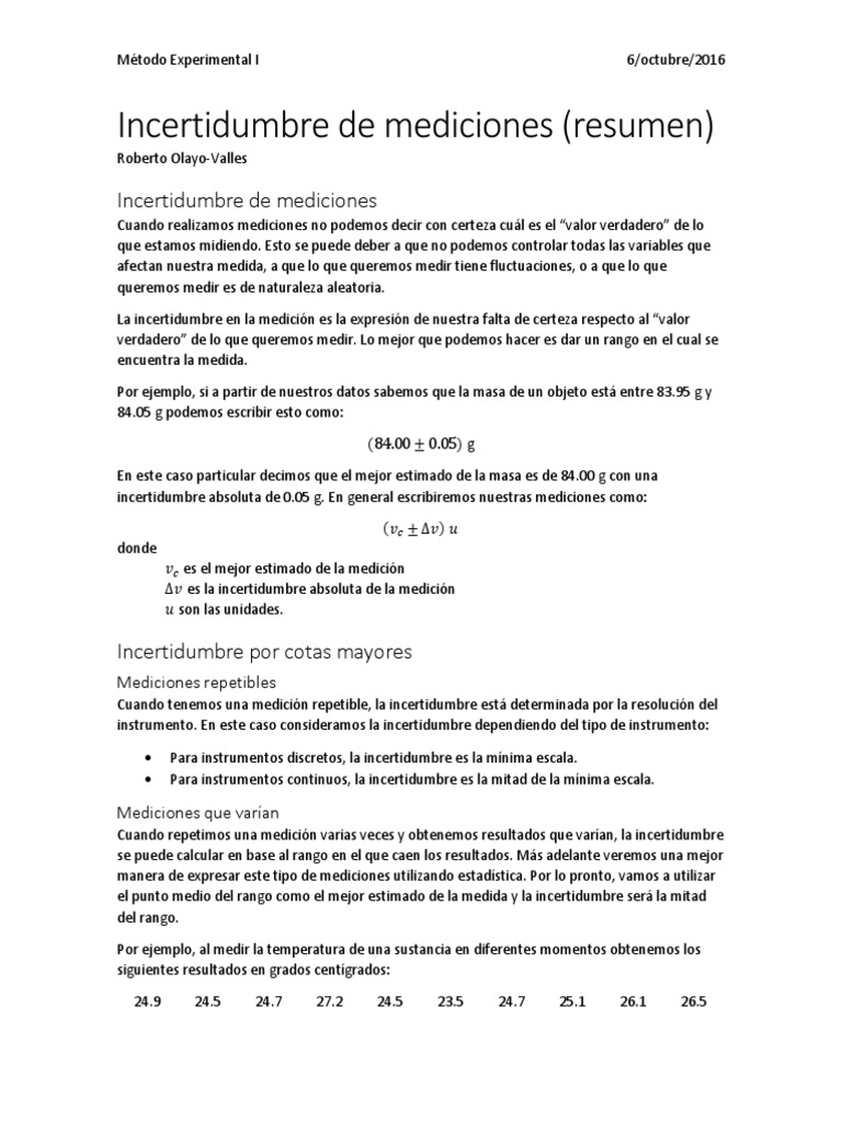 Incertidumbre de Mediciones - Resumen PDF | PDF | Medición ...