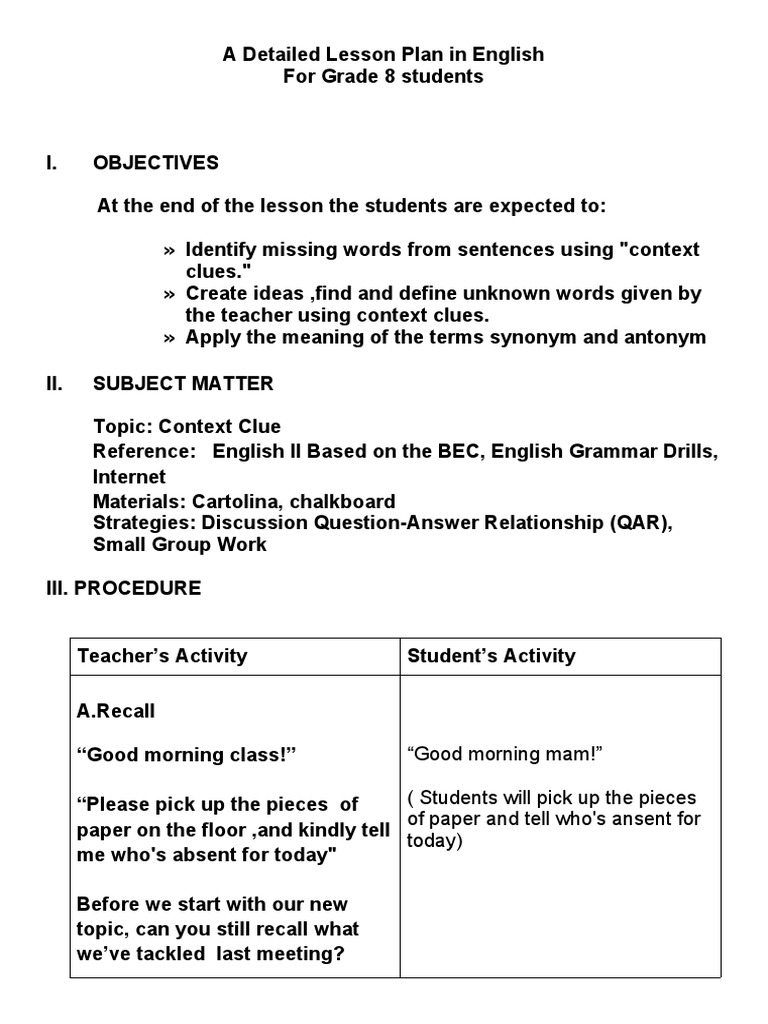 Detailed English Lesson Plan for Grade 8 | PDF | Lesson Plan