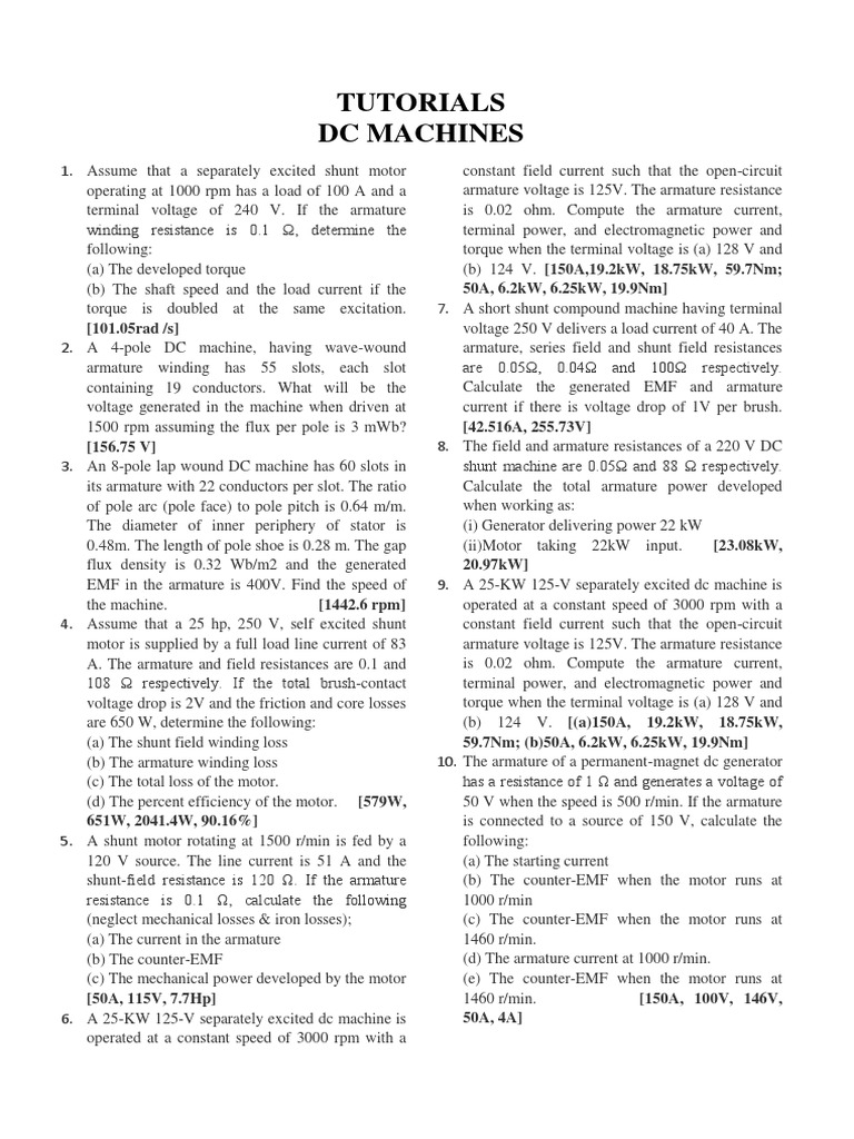Tutorial Sheet of DC Machine PDF | PDF | Electrical Equipment ...